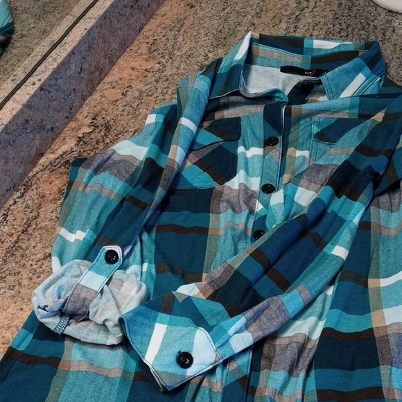 Teal and Black Plaid Women's Button Down Shirt - Picture 6 of 8